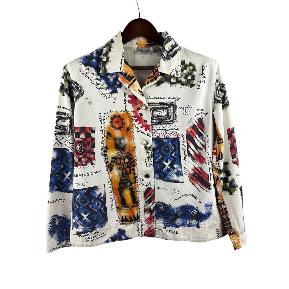 Women’s Chico’s Size 1 White Button Up w/ Multicolor Pattern